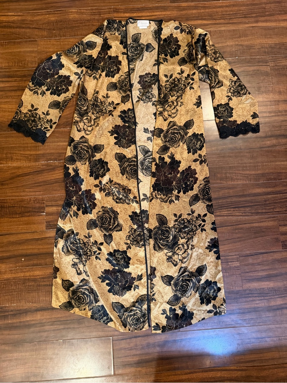 Expressions Gold Floral Burnout Velvet Robe with Black Lace Trim